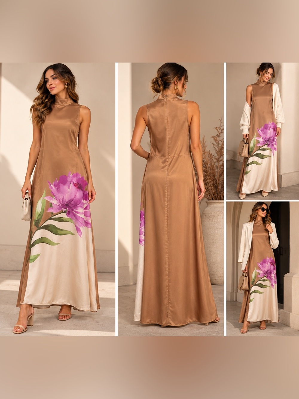 Worthington Satin Floral Maxi Dress Brown Pink Sleeveless XL NWOT